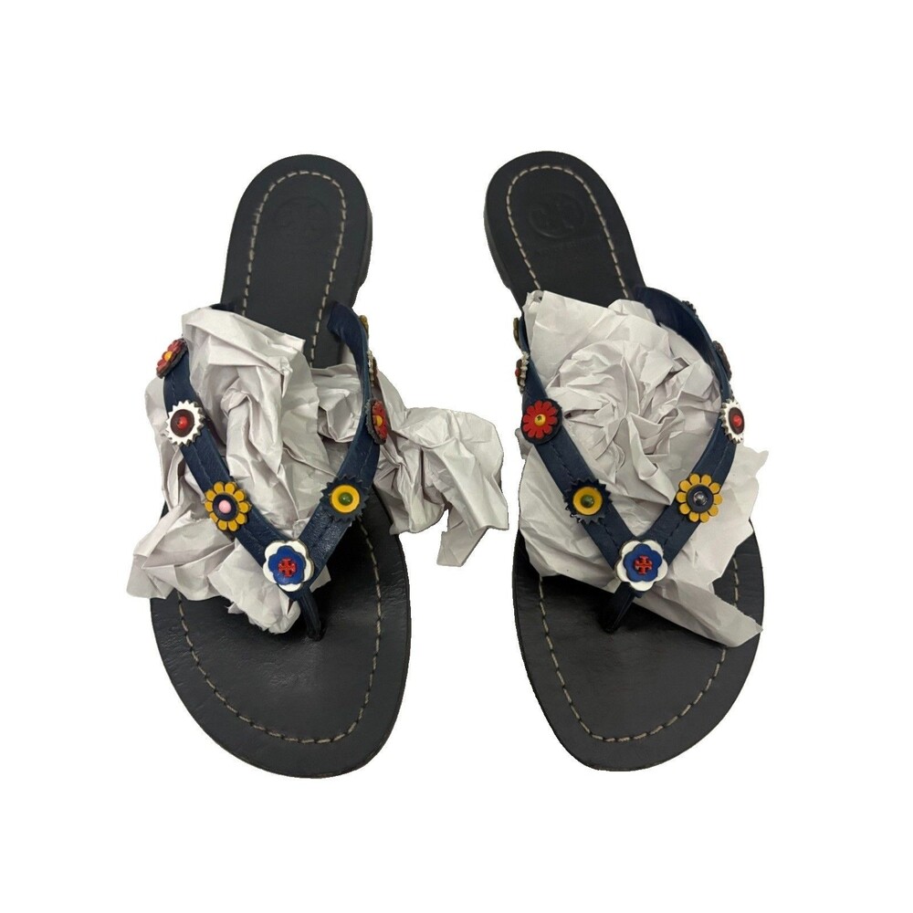 Tory Burch Marguerite Terra Thong Navy Flip Flop Floral US 7.5 M